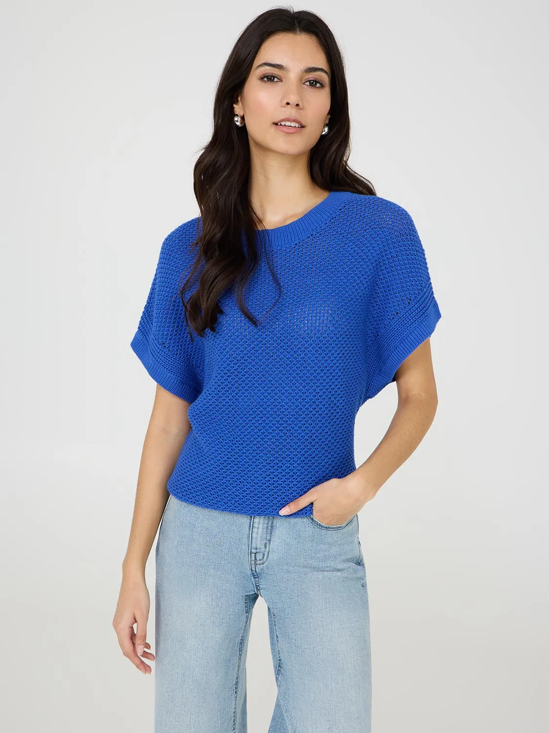 Short Dolman Sleeve Crochet Cotton Sweater Smart Mood