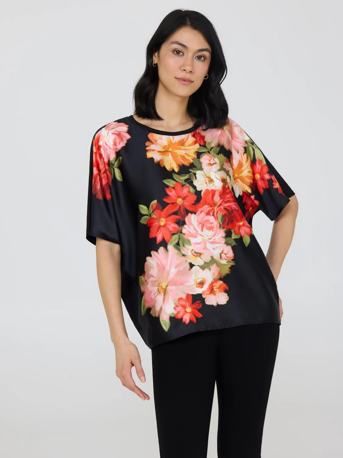 Short Dolman Sleeve Satin Floral Top Everyday Cool
