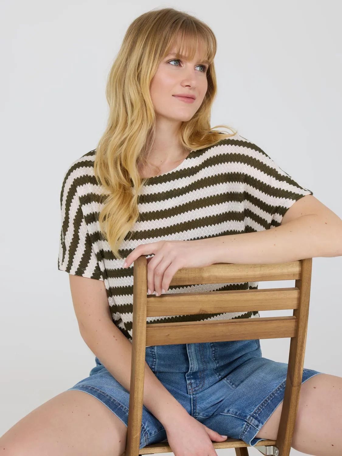 Short Dolman Sleeve Striped Sweater Off Duty