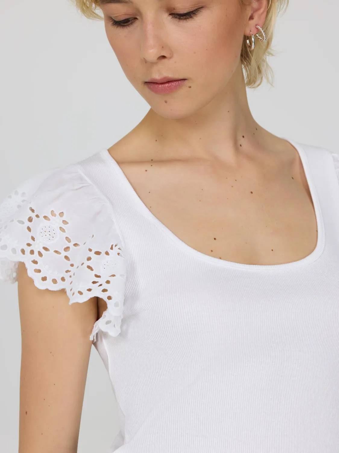 Short Eyelet Flutter Sleeve Cotton Top Stay Simple