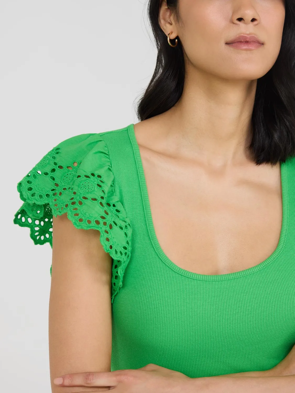 Short Eyelet Flutter Sleeve Cotton Top Stay Bold