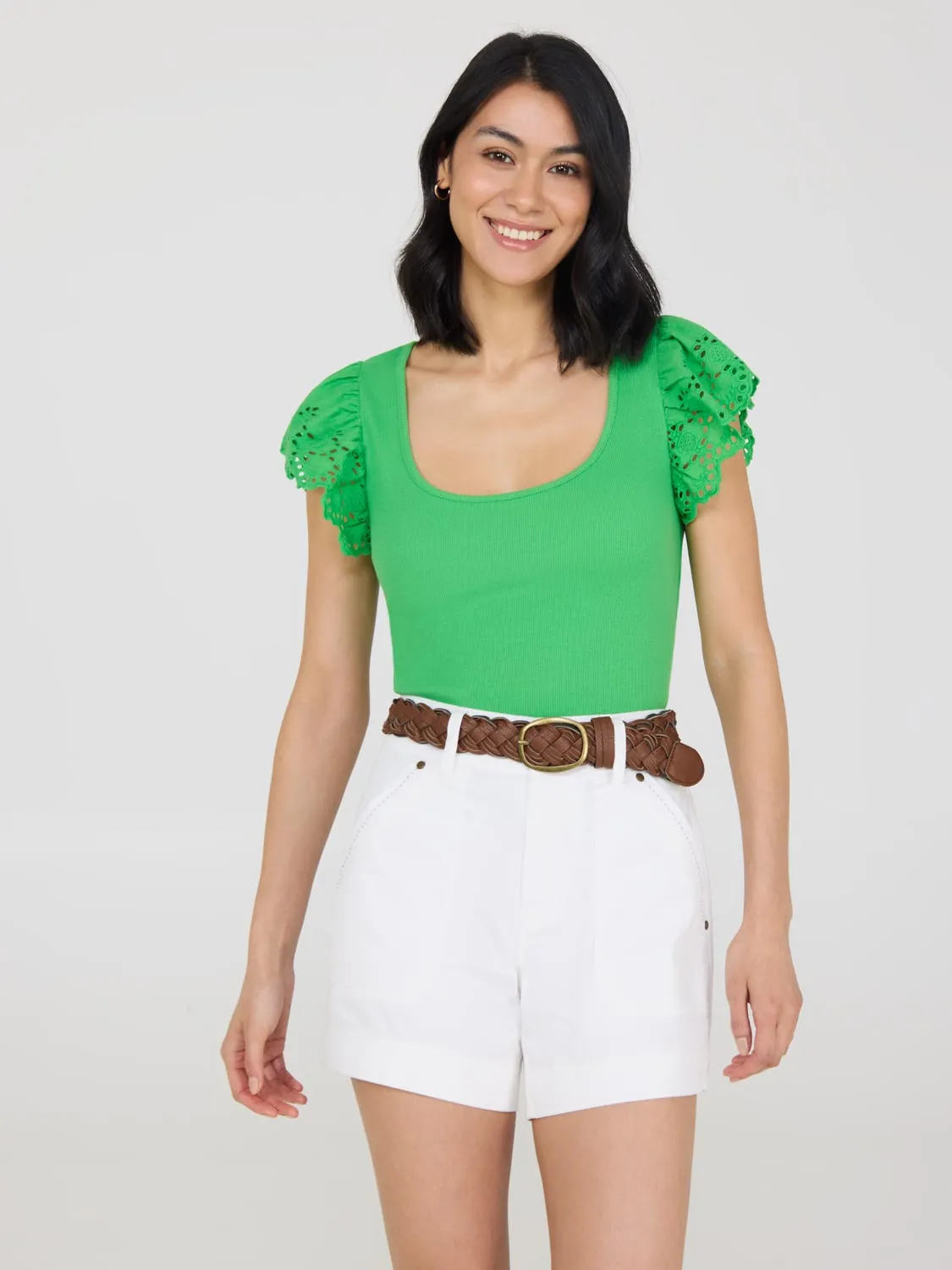 Short Eyelet Flutter Sleeve Cotton Top Beach Walks