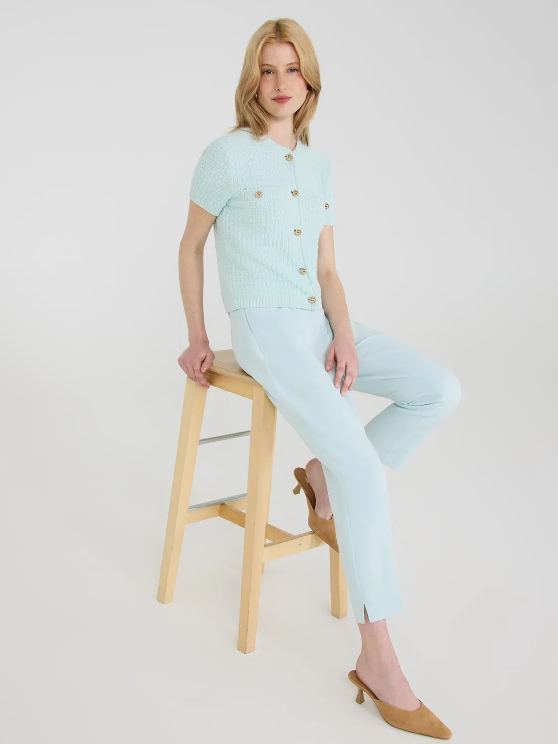 Short Sleeve Button-Front Cotton Sweater Relax Moment