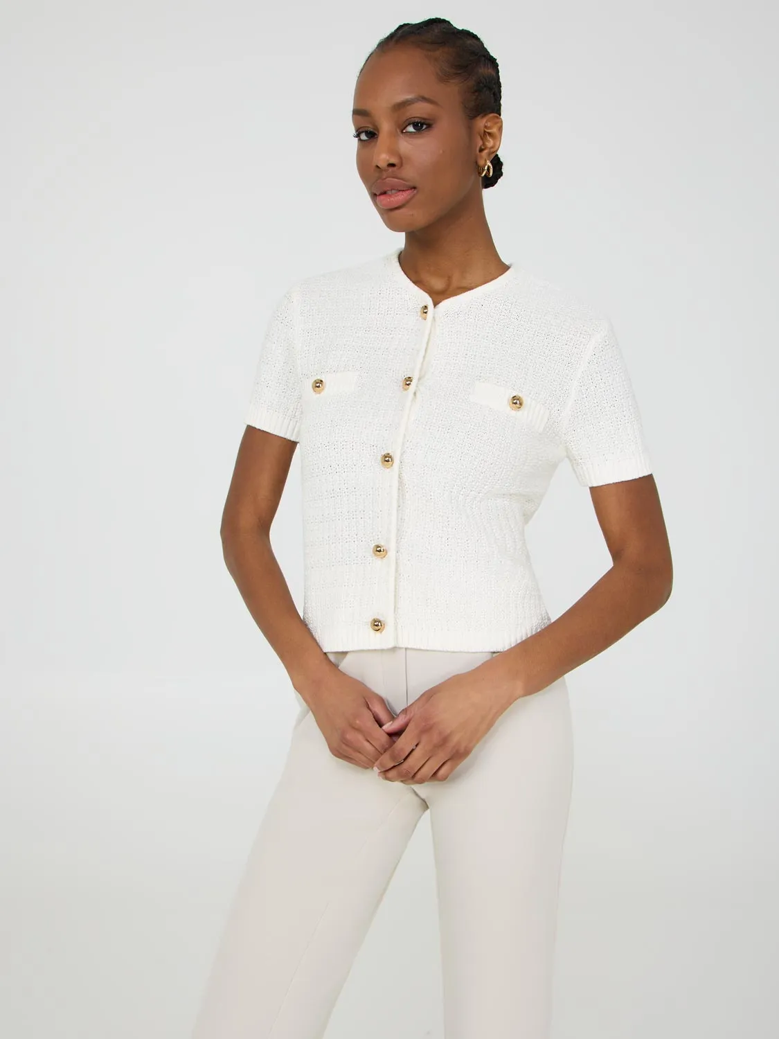 Short Sleeve Button-Front Cotton Sweater Relax Moment