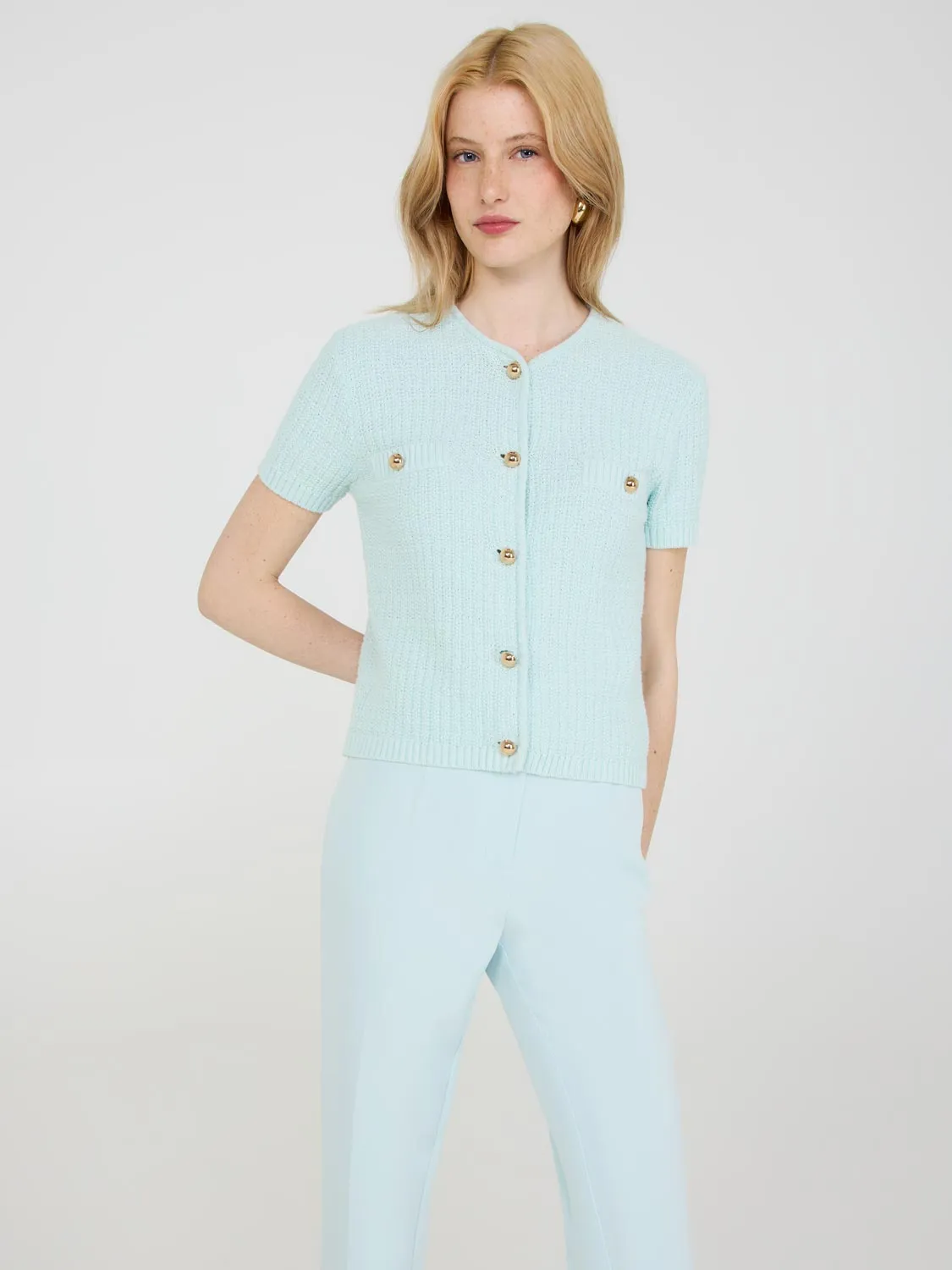 Short Sleeve Button-Front Cotton Sweater On Point