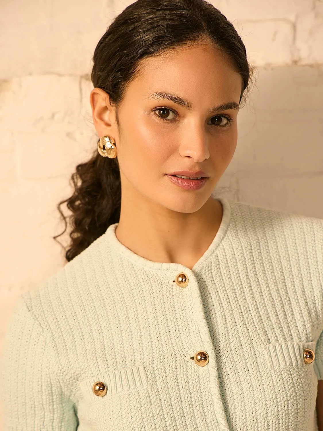 Short Sleeve Button-Front Cotton Sweater Sun Days