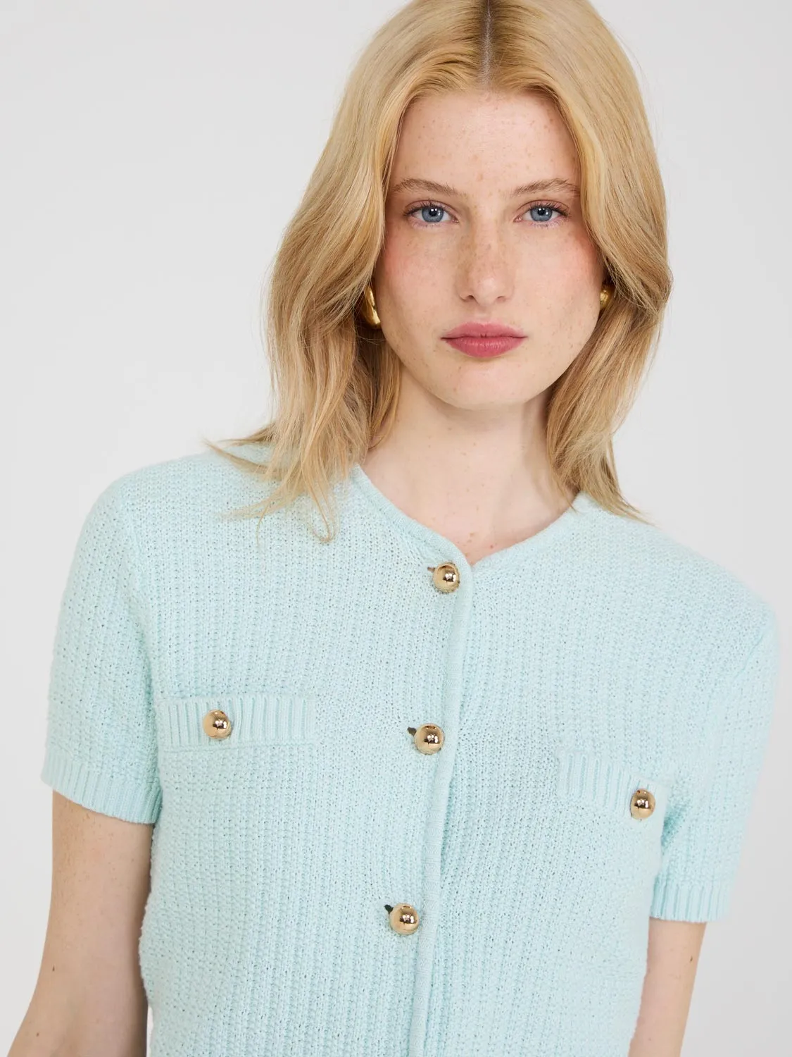 Short Sleeve Button-Front Cotton Sweater Creative Ease