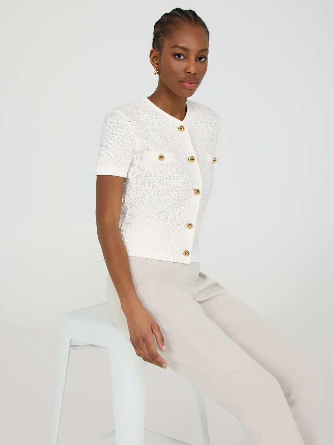 Short Sleeve Button-Front Cotton Sweater Coffee Ready