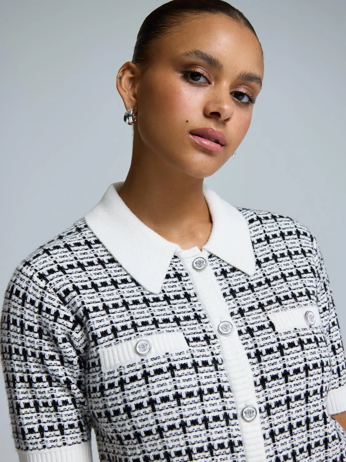 Short Sleeve Button-Up Boucl Sweater Summer Days