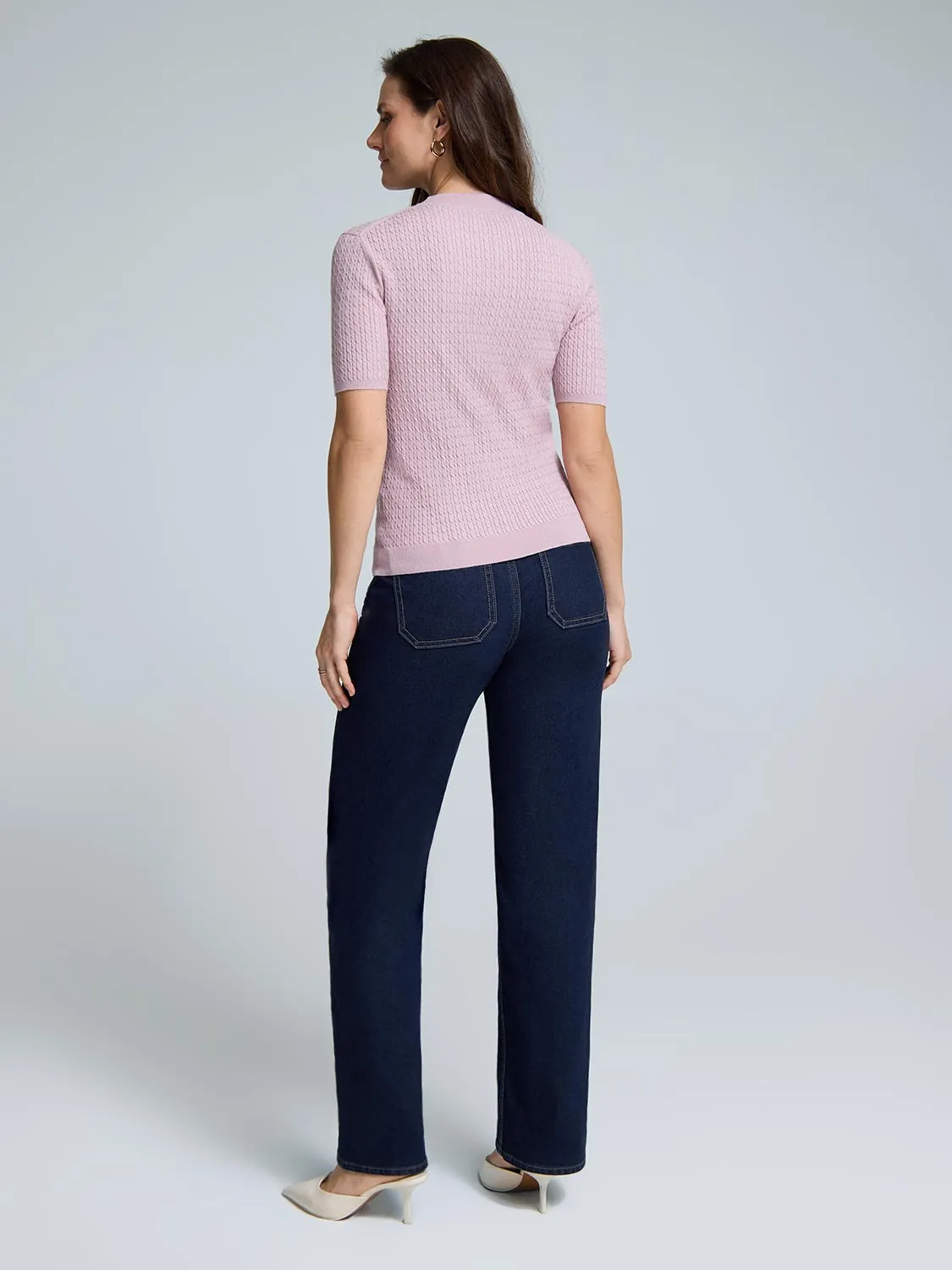 Short Sleeve Cable Knit Sweater Relaxed Style