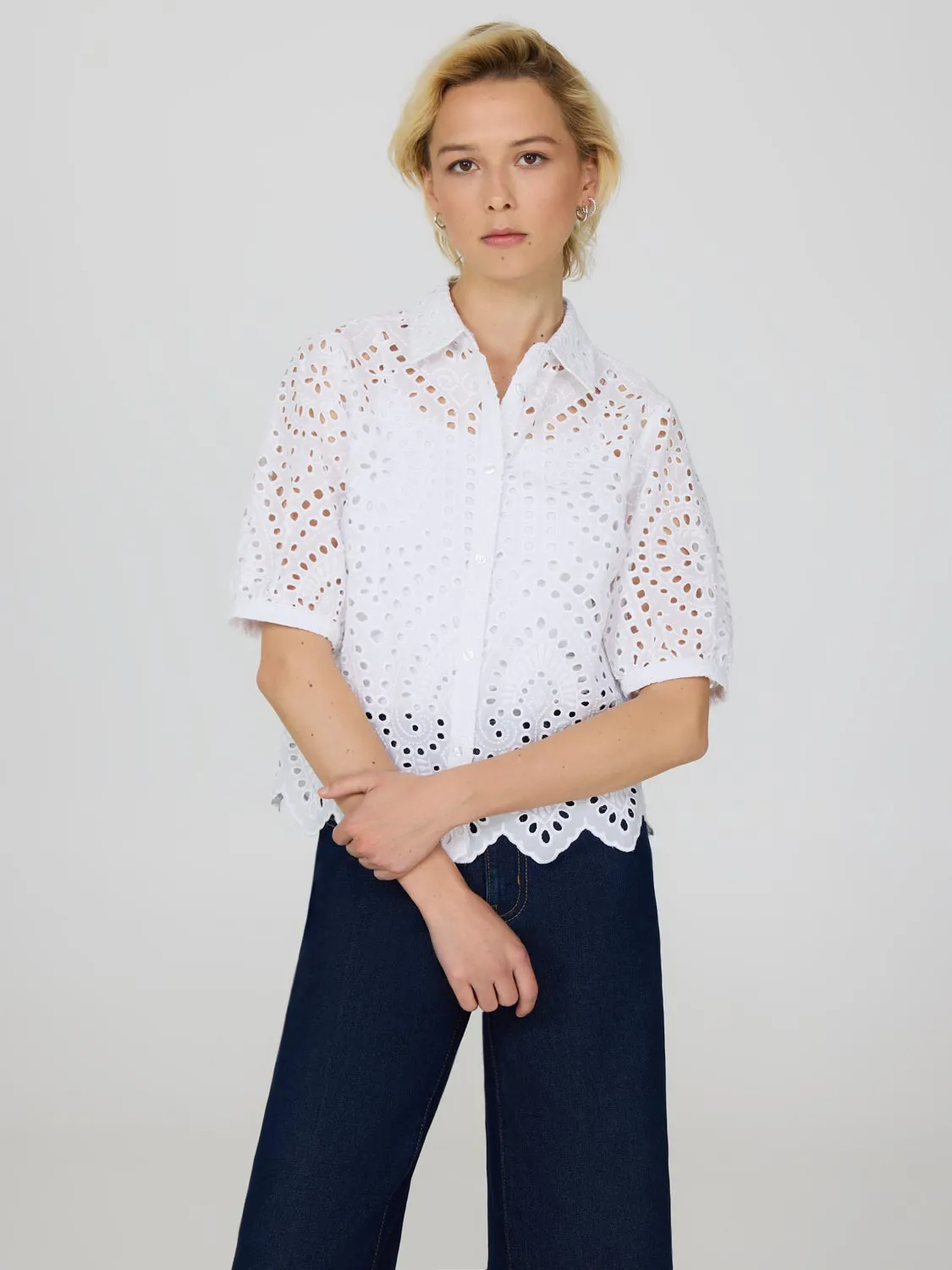 Short Sleeve Eyelet Cotton Blouse Just Vibe