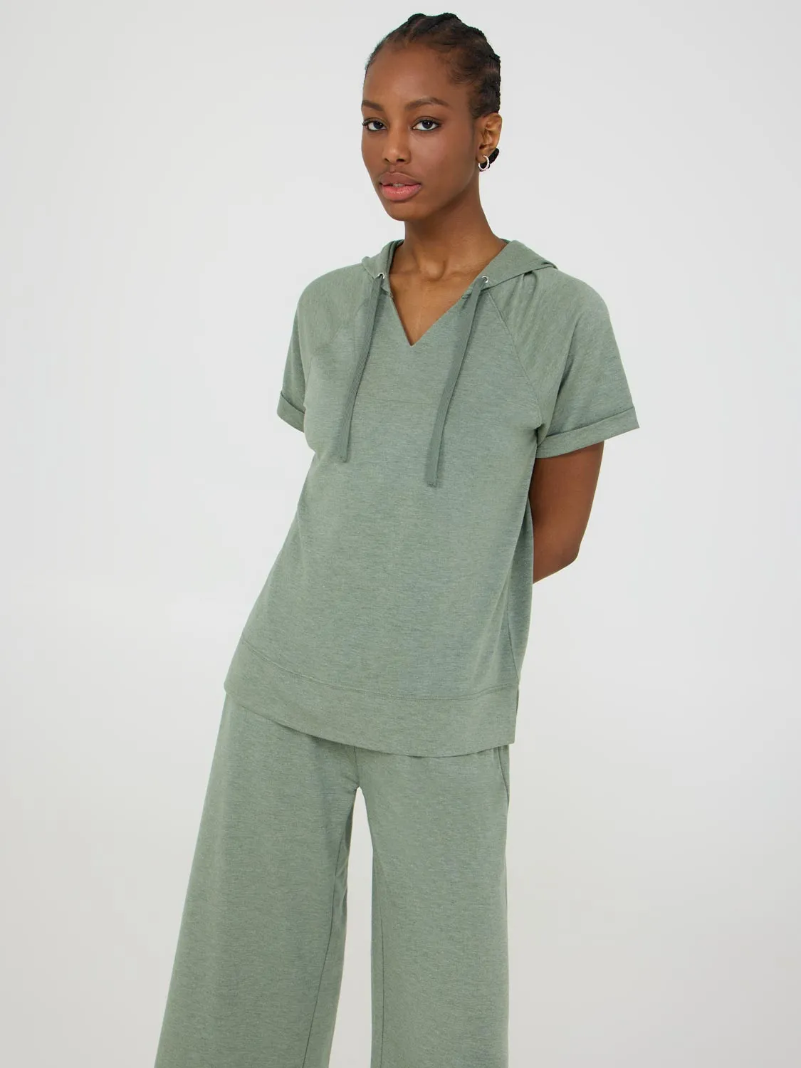 Short Sleeve French Terry Hoodie Chic Casual