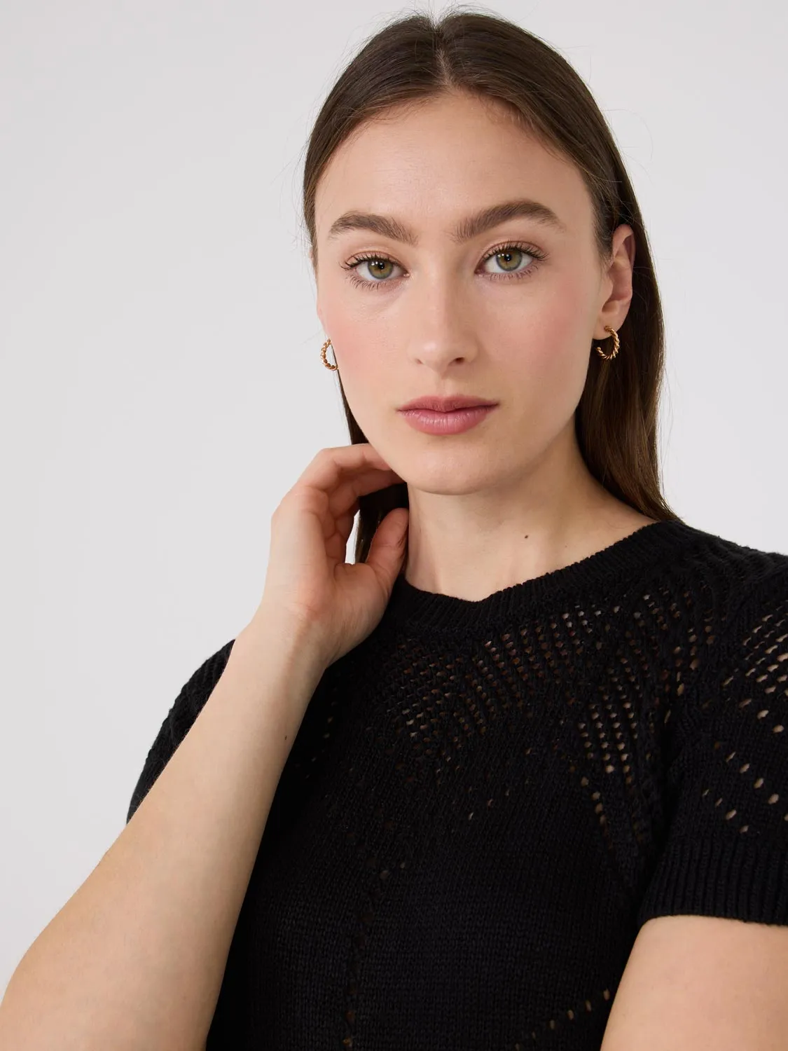 Short Sleeve Pointelle Sweater Coffee Ready