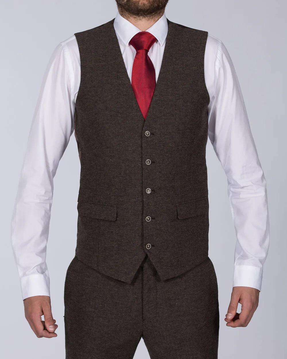 Skopes Jude Skinny Fit Tall Tweed Waistcoat (brown herringbone) plaid pattern