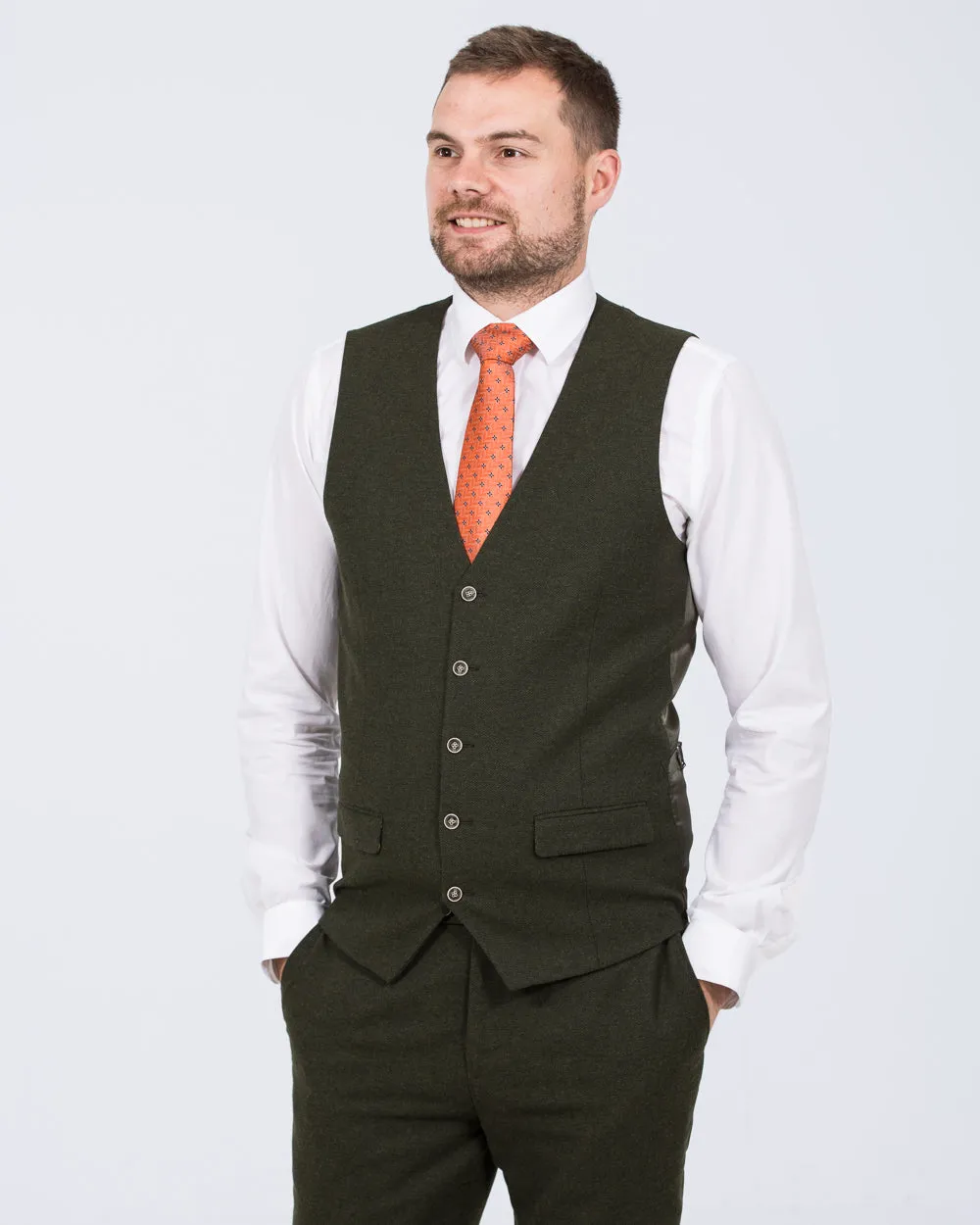 Skopes Jude Slim Fit Tall Suit Waistcoat (olive herringbone) spring outing