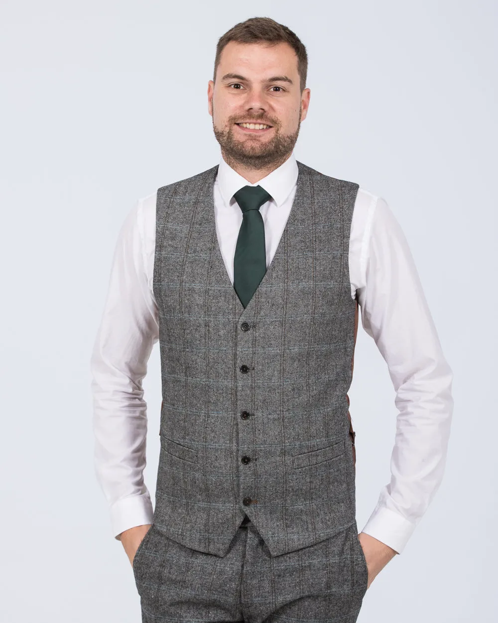 Skopes Rowan Slim Fit Tall Suit Waistcoat (grey herringbone) plaid pattern