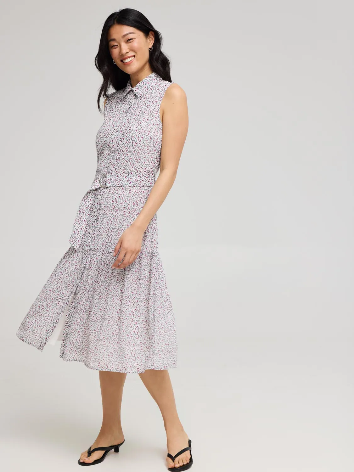Sleeveless Ditsy Floral Button-Front Chiffon Dress understated charm