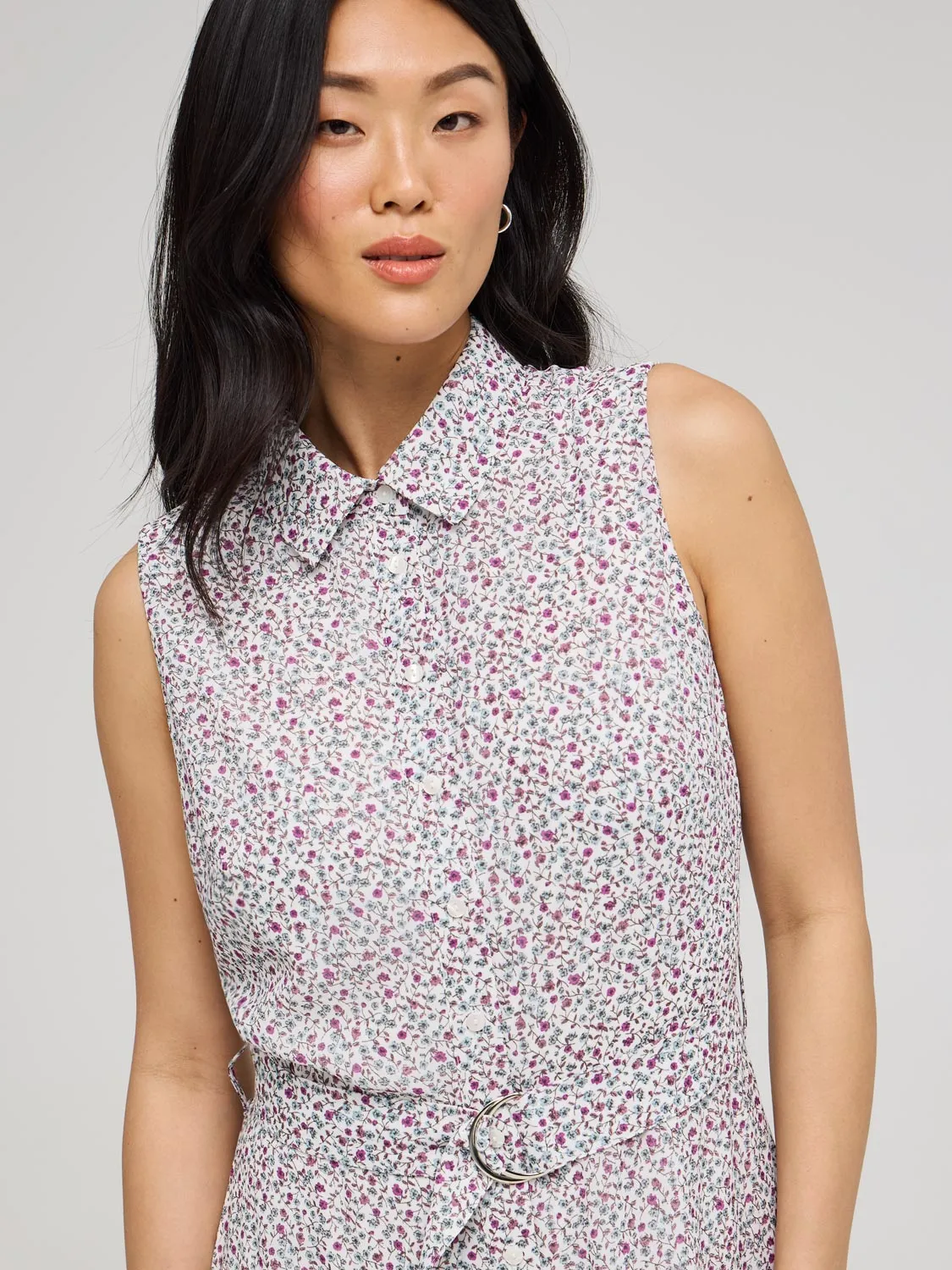 Sleeveless Ditsy Floral Button-Front Chiffon Dress urban casual