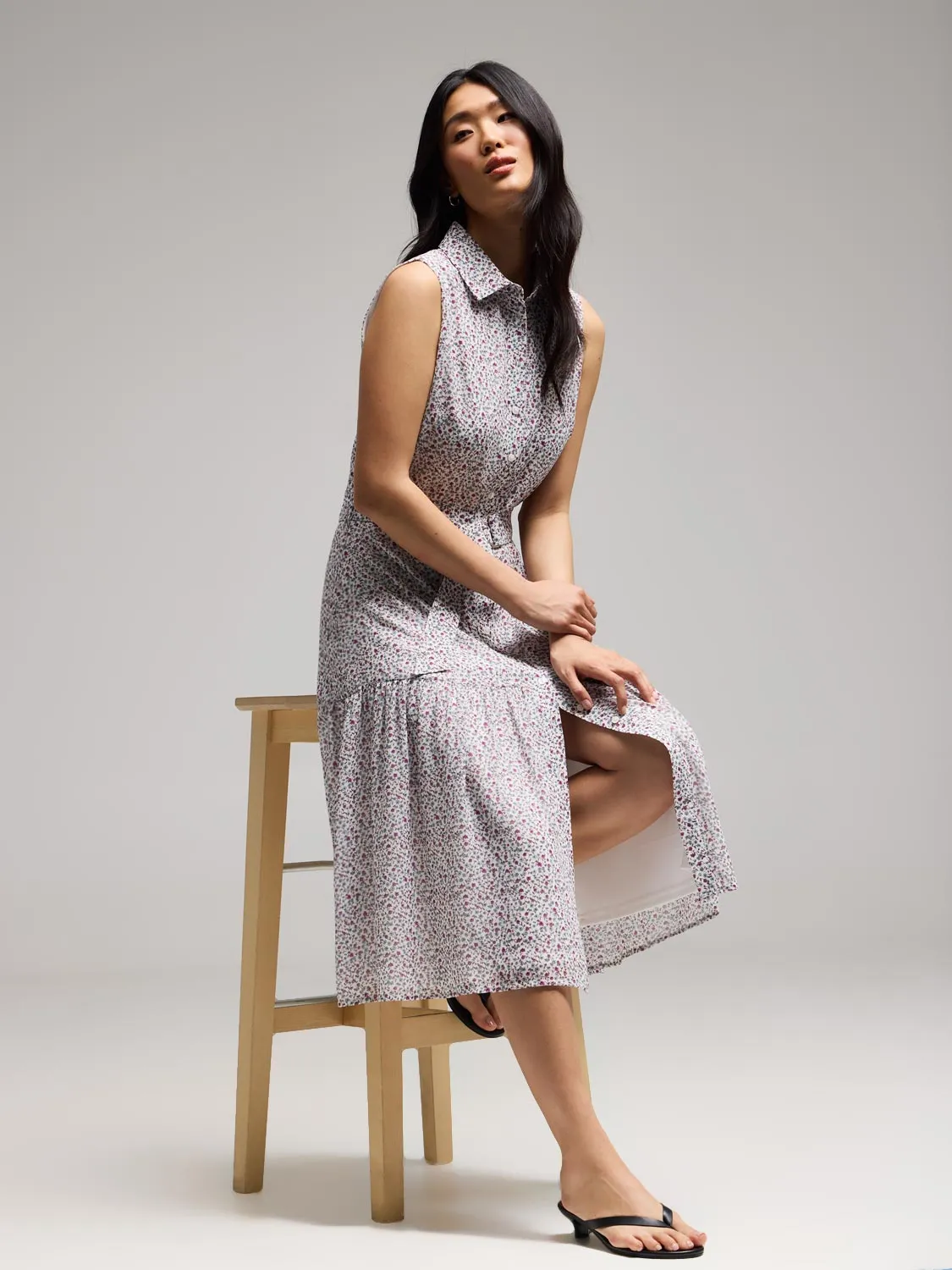 Sleeveless Ditsy Floral Button-Front Chiffon Dress versatile styles