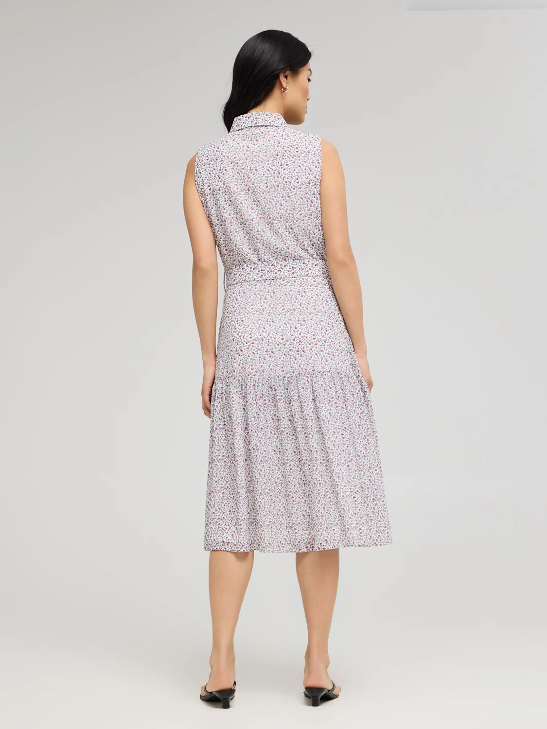 Sleeveless Ditsy Floral Button-Front Chiffon Dress stylish statement