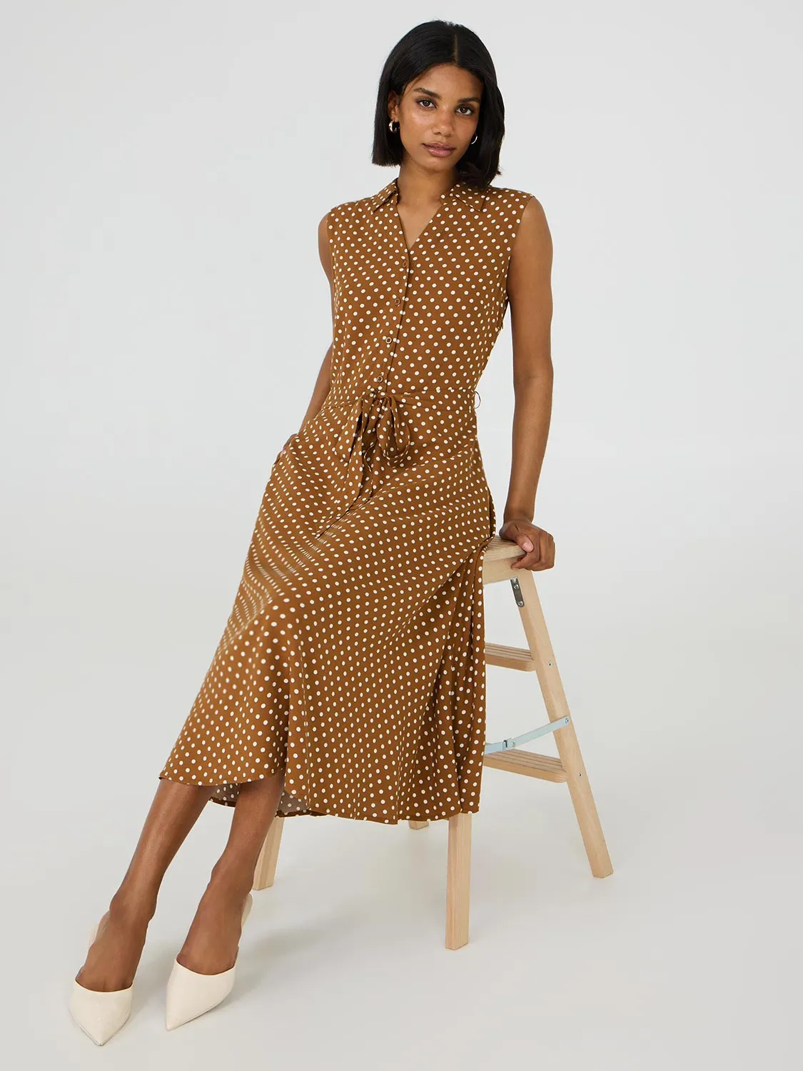 Sleeveless Dot Print Midi Dress modern minimalism