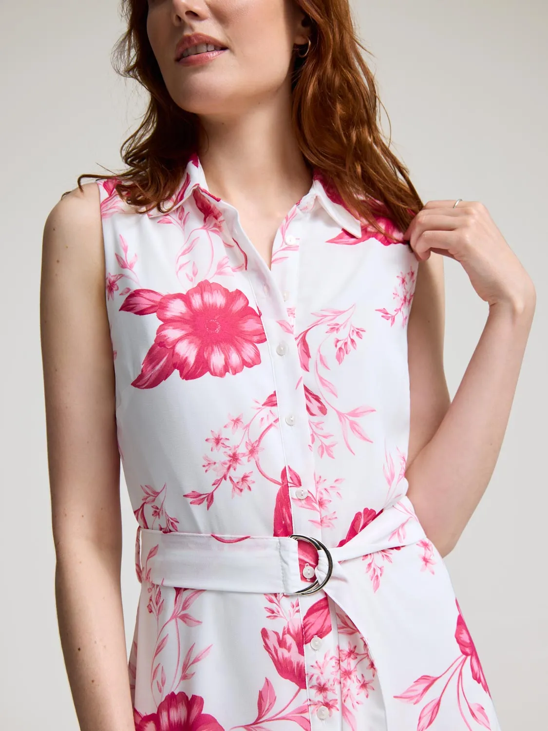 Sleeveless Floral Button-Front Chiffon Dress sweet charm