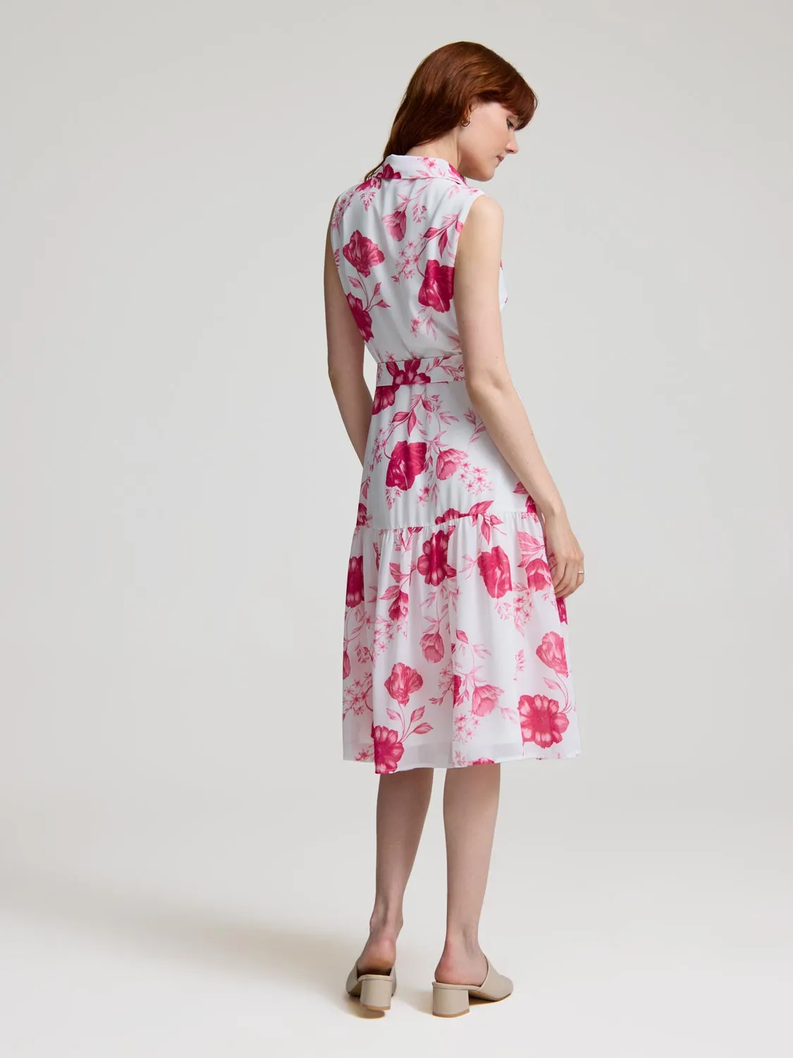 Sleeveless Floral Button-Front Chiffon Dress cool breathability