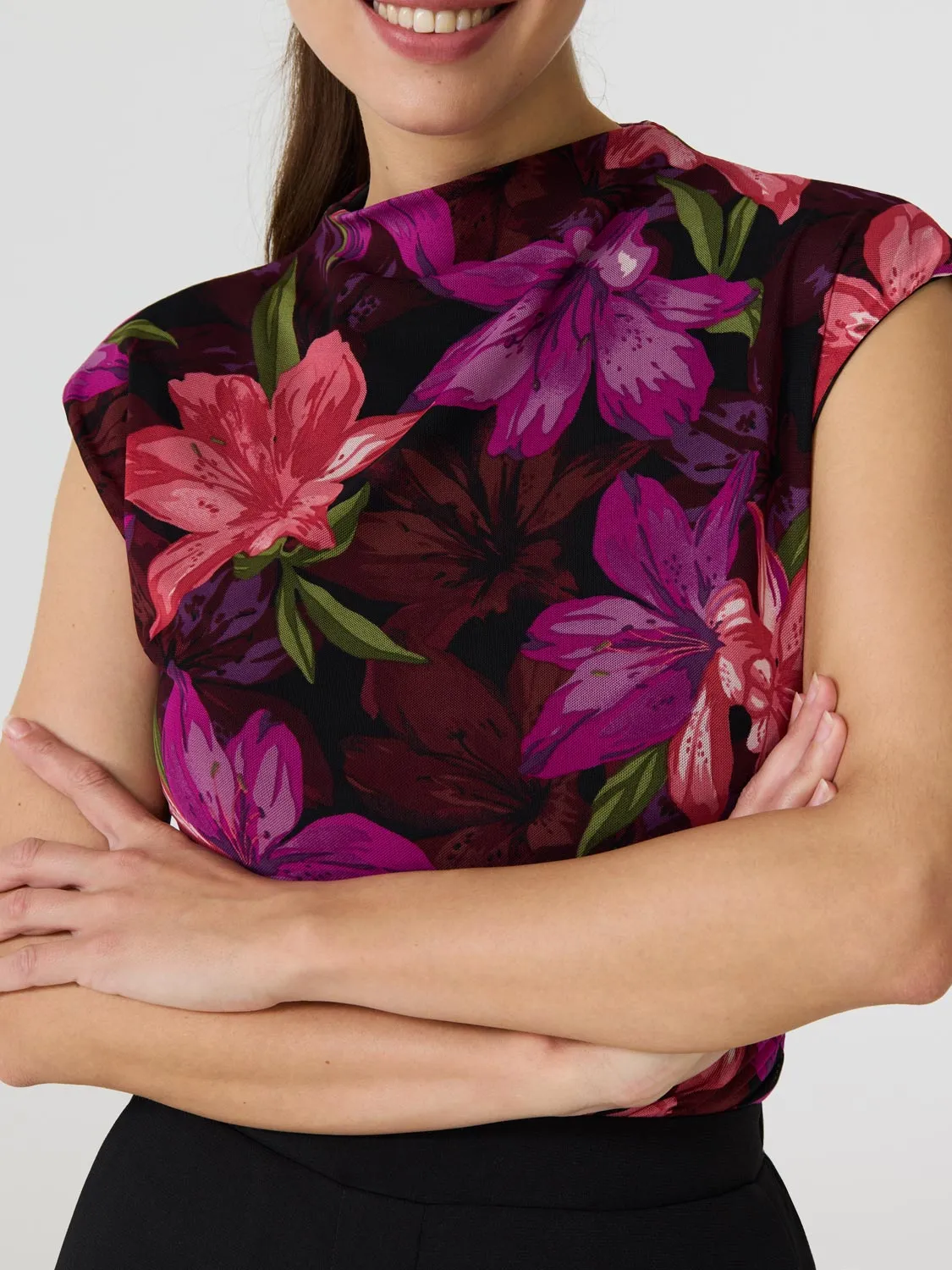 Sleeveless Floral Mock Neck Mesh Top light comfort