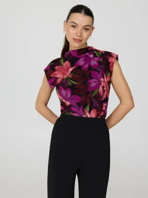 Sleeveless Floral Mock Neck Mesh Top low key