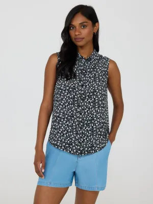 Sleeveless Floral Print Button-Front Blouse travel light
