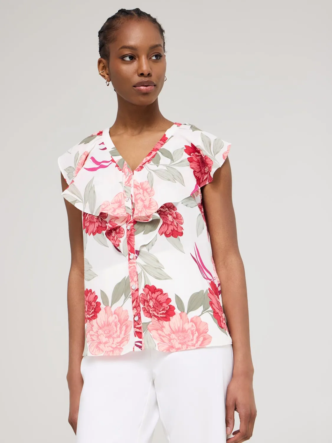 Sleeveless Floral Ruffle Button-Front Blouse active base