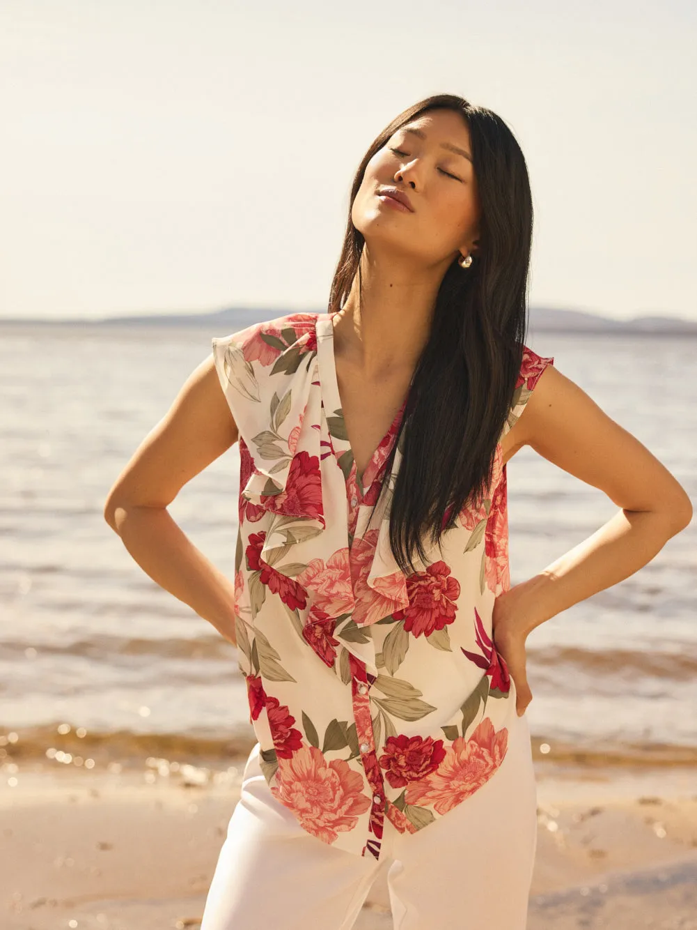 Sleeveless Floral Ruffle Button-Front Blouse stay active