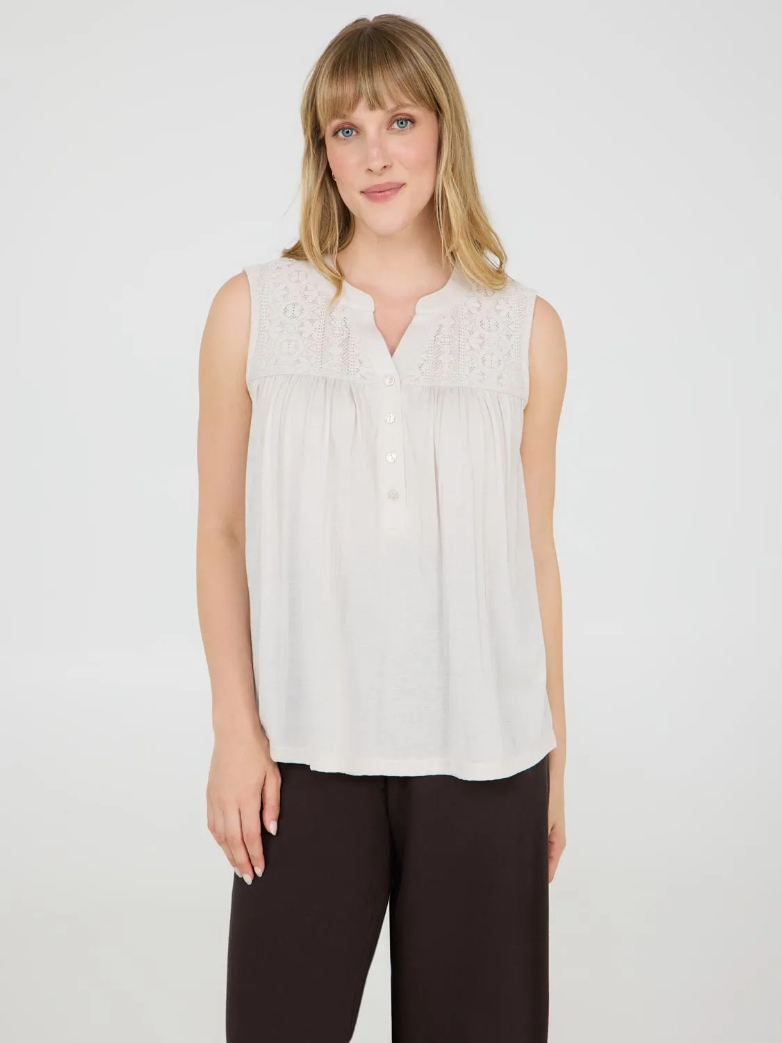 Sleeveless Henley Top With Lace Details freedom fit