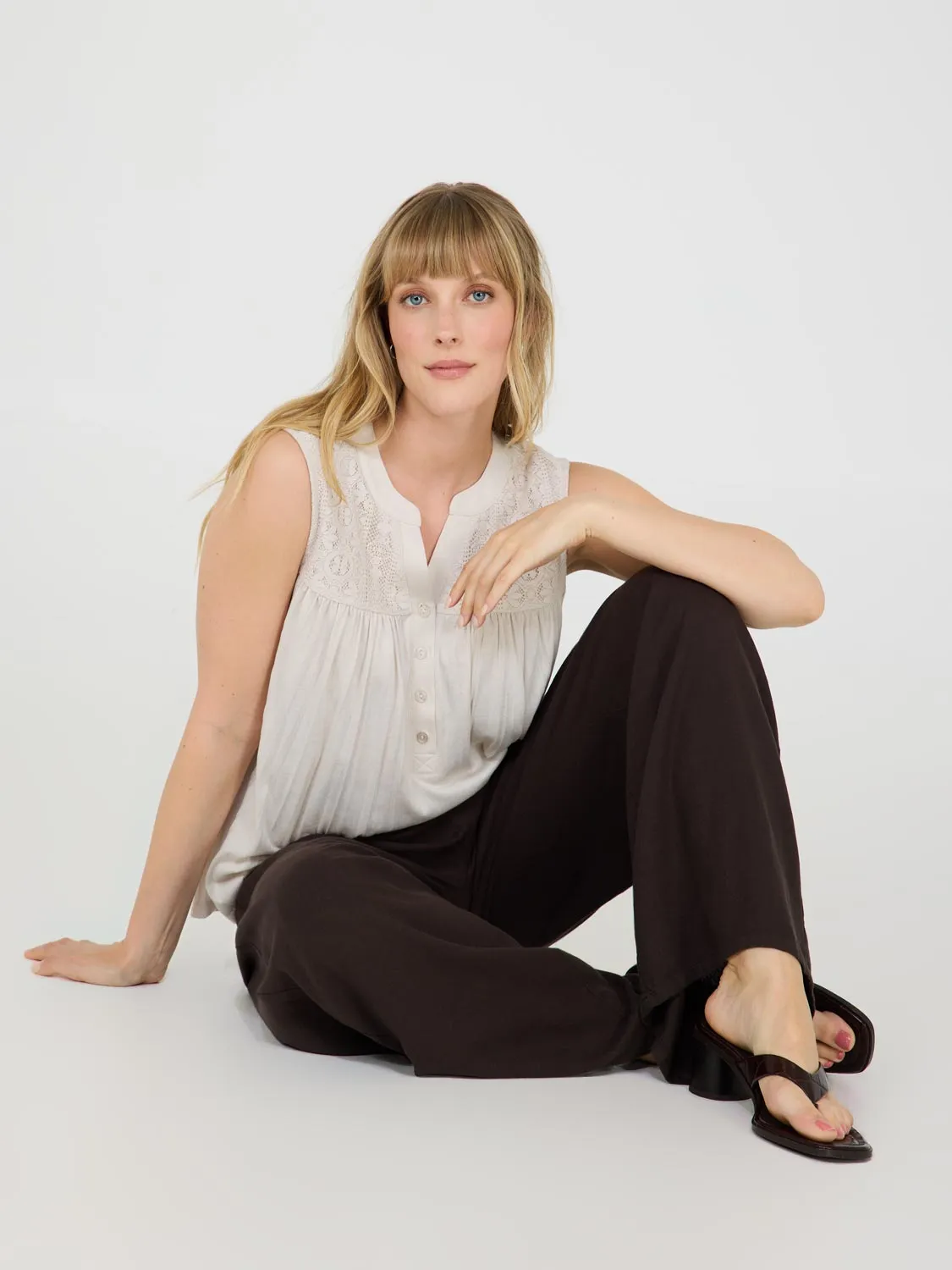 Sleeveless Henley Top With Lace Details warm weather