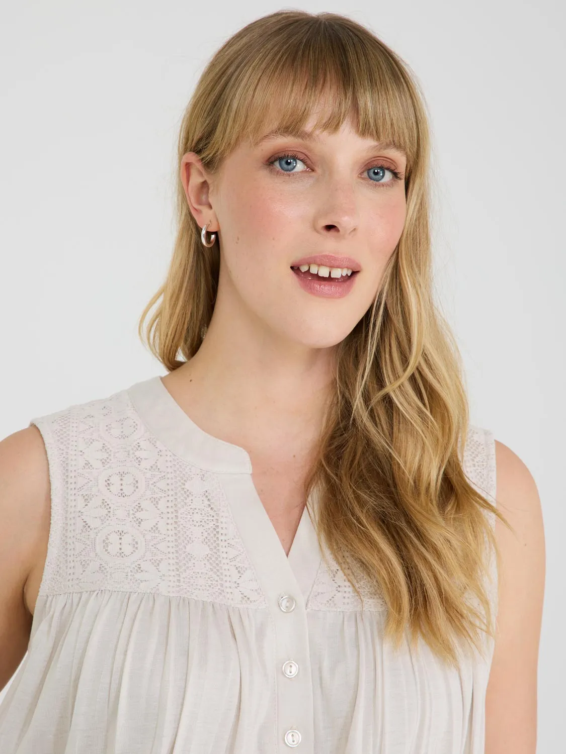 Sleeveless Henley Top With Lace Details city vibe