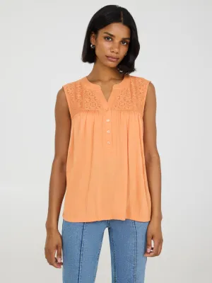 Sleeveless Henley Top With Lace Details high comfort