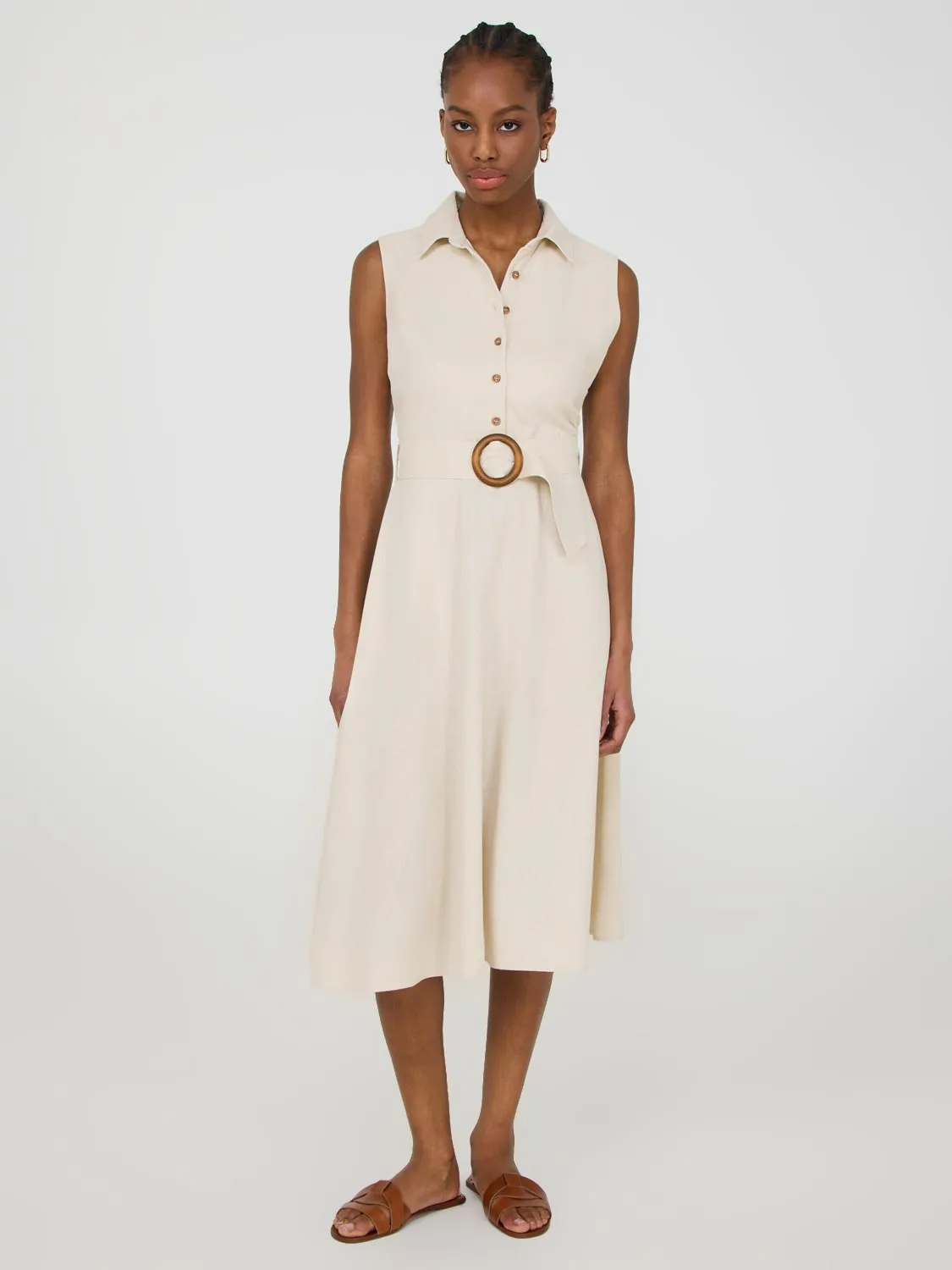 Sleeveless Linen Button-Front Midi Dress soft feel
