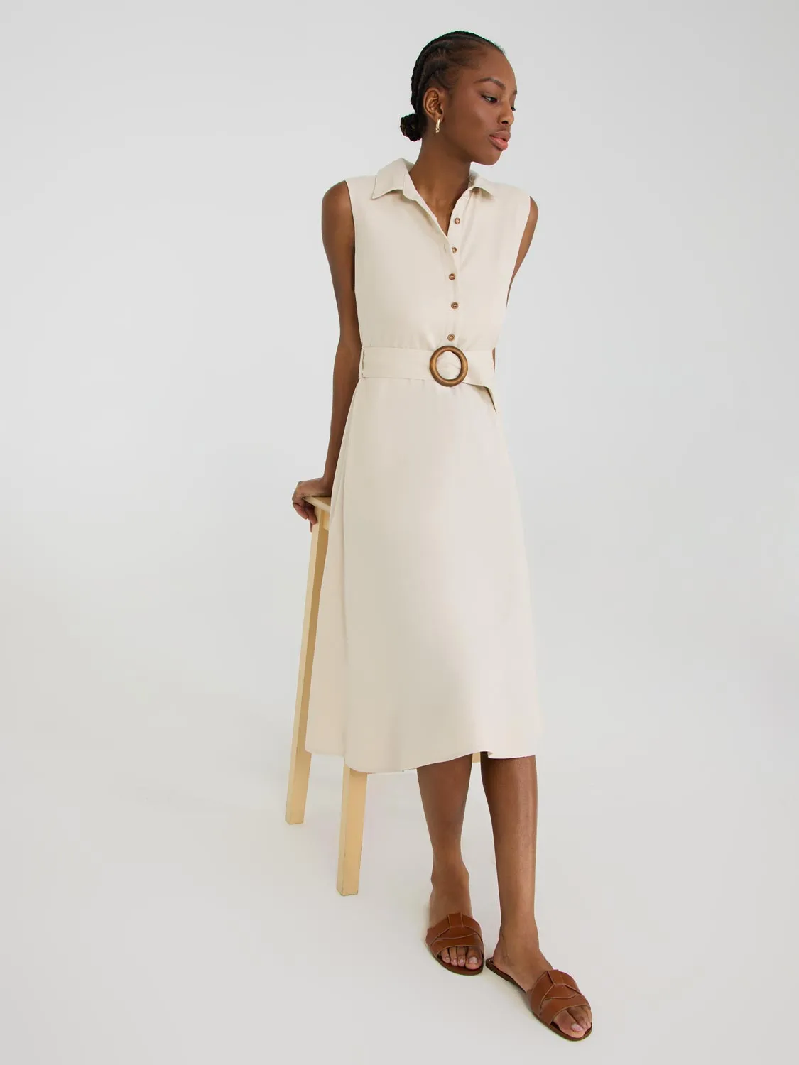 Sleeveless Linen Button-Front Midi Dress refined details