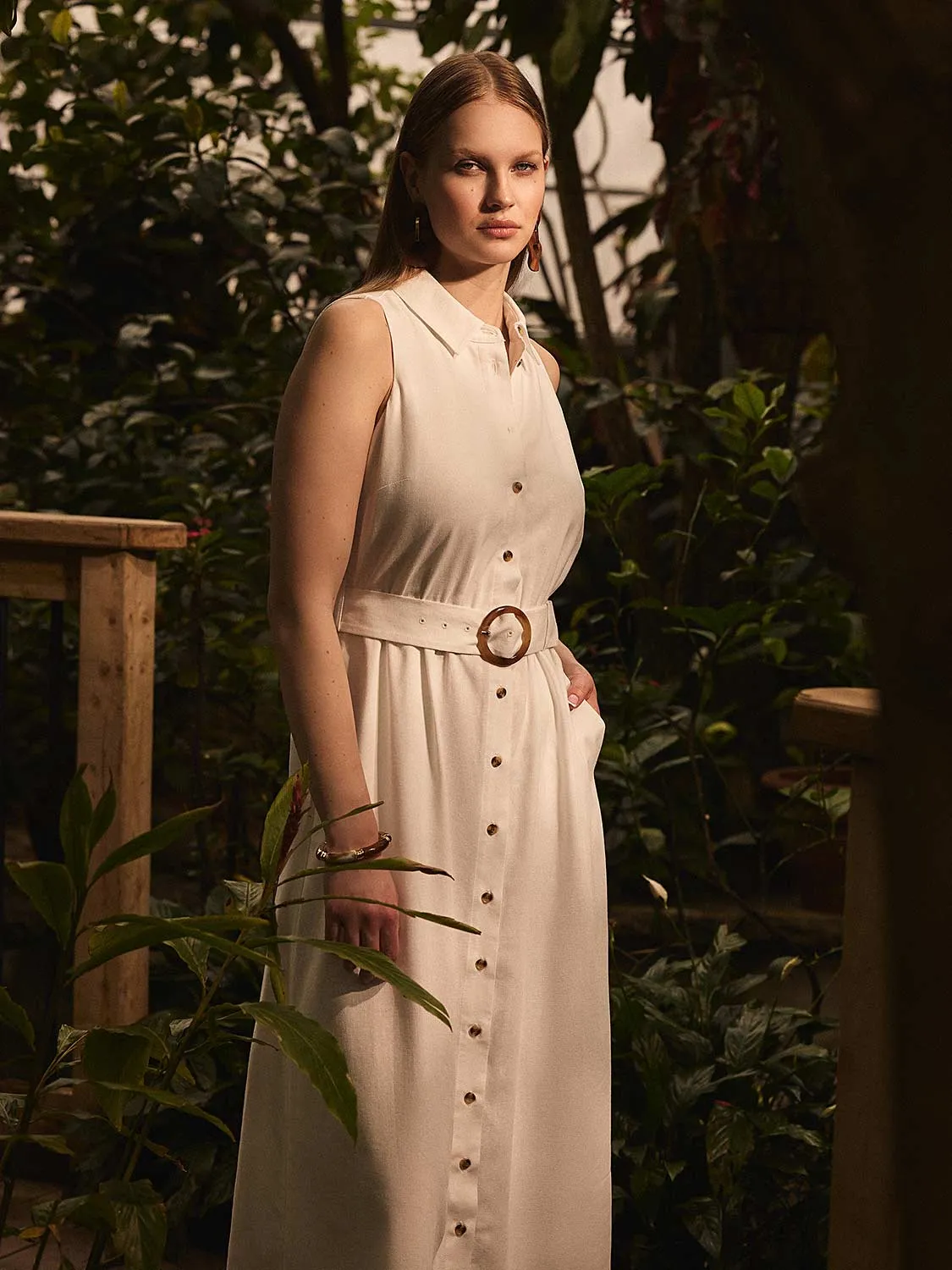 Sleeveless Linen Midi Shirt Dress relaxed cut