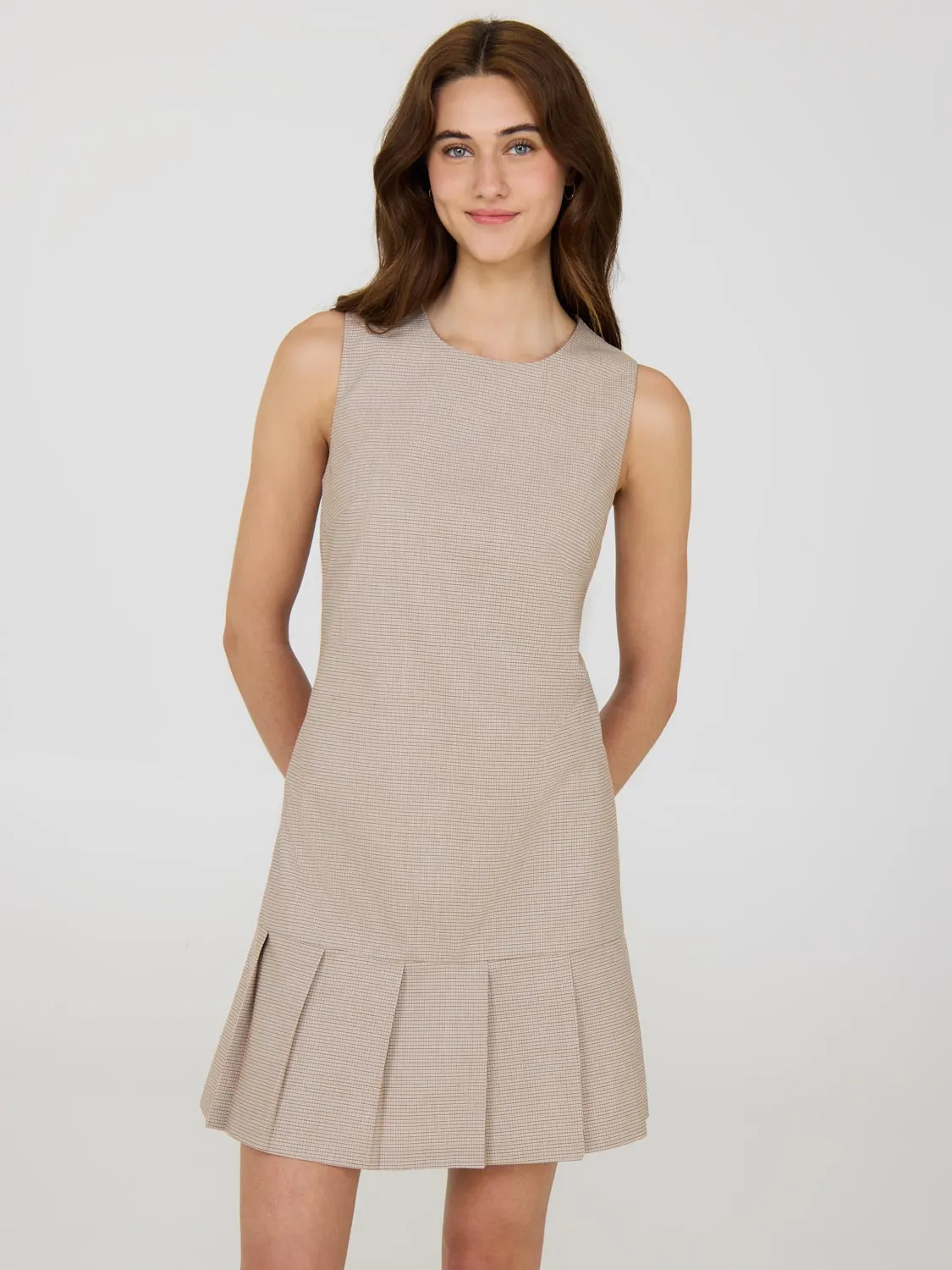 Sleeveless Mini Check Pleated Hem Dress strong layering