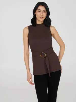 Sleeveless Mock Neck Belted Cotton Tunic compact wear