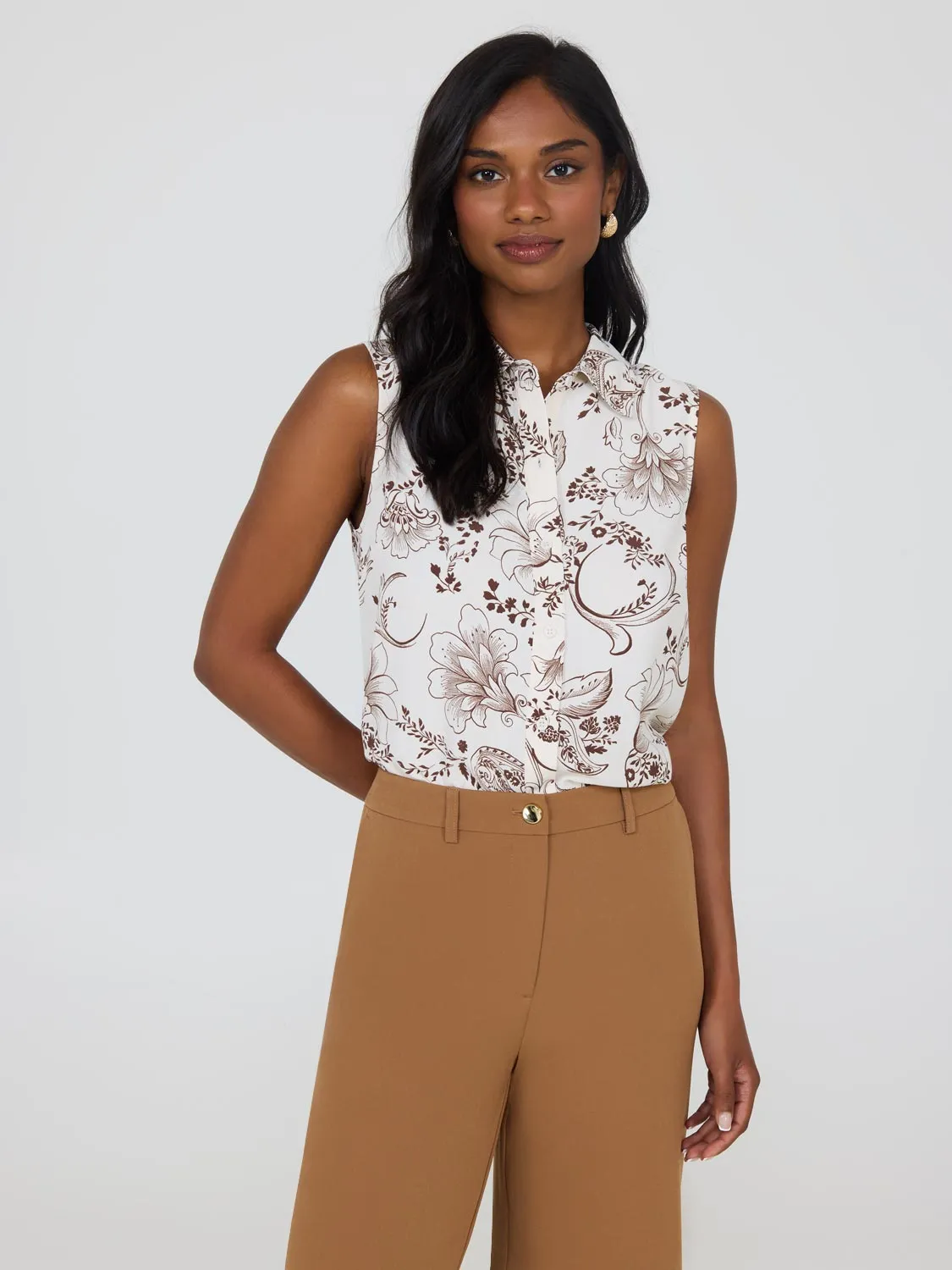 Sleeveless Paisley Print Button-Front Blouse personal ease