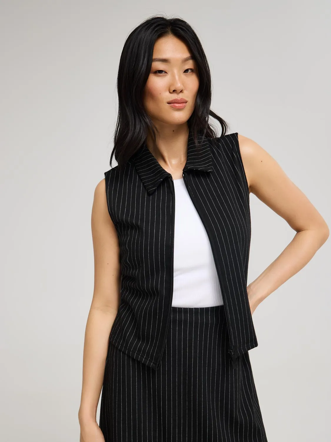 Sleeveless Pinstripe Johnny Collar Top hybrid style