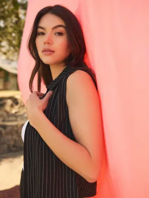 Sleeveless Pinstripe Johnny Collar Top pure vibe
