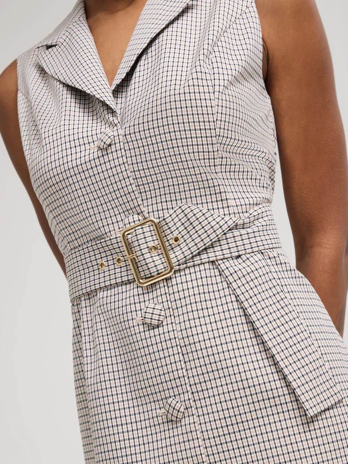 Sleeveless Plaid Blazer Dress With Belt lightweight comfort