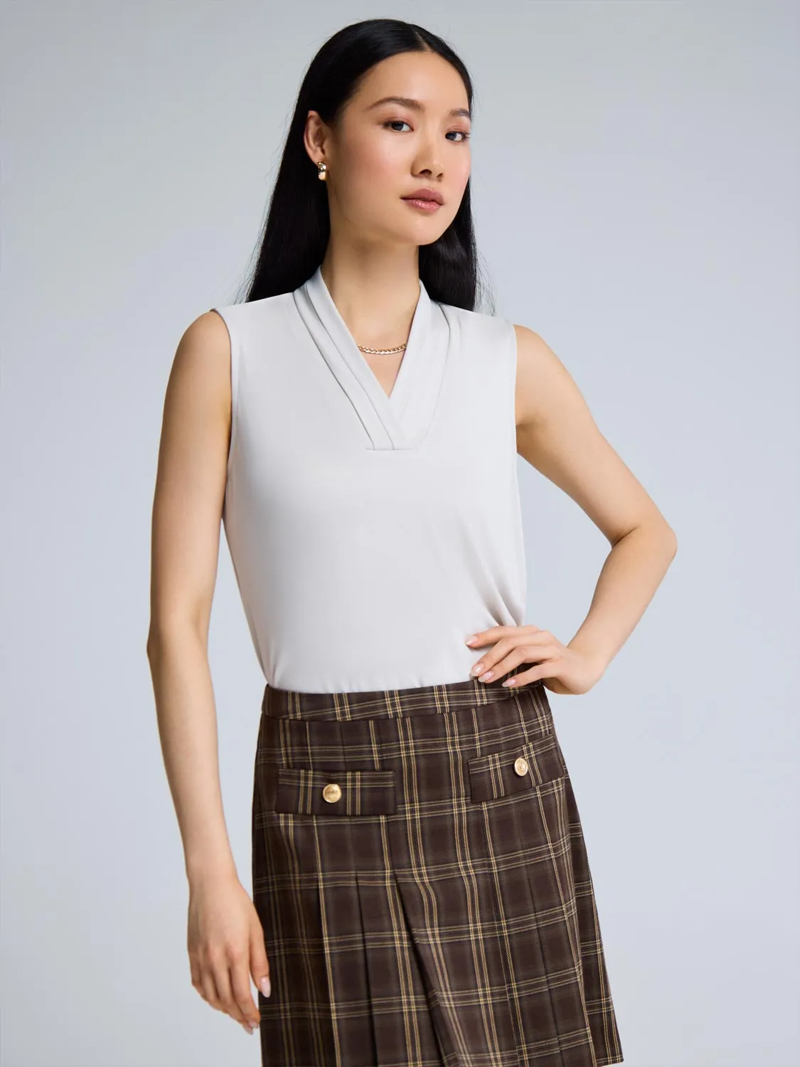 Sleeveless Pleated V-Neck Top timeless cut