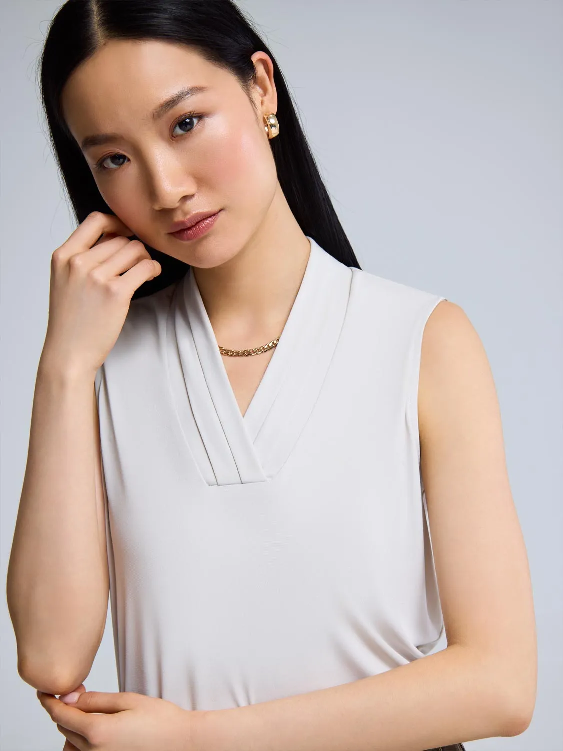 Sleeveless Pleated V-Neck Top neutral chic