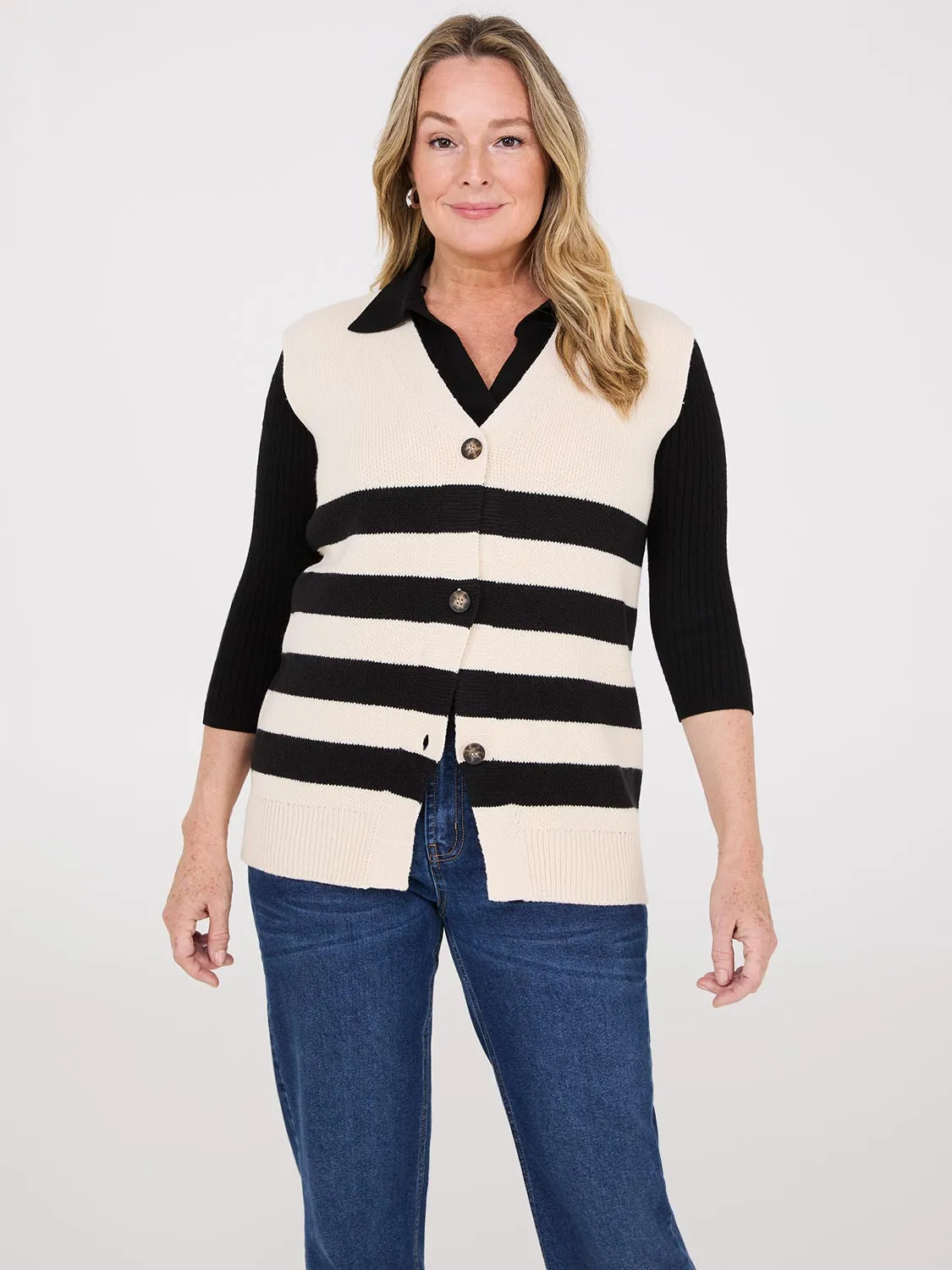 Sleeveless Striped 3-Button Vest hot days