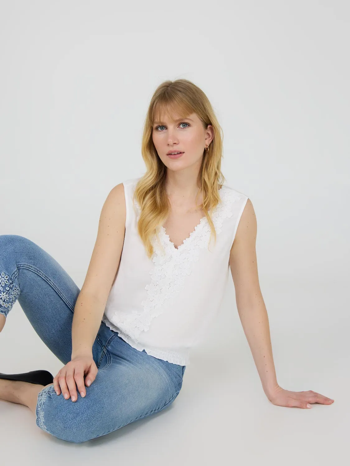Sleeveless V-Neck Top With Floral Embroidery subtle curve