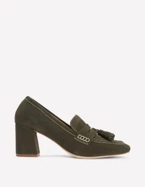 Sol Block Heeled Penny Loafers-Dark Moss quality boost